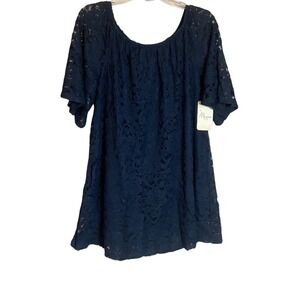 Misia Navy‎ Blue Lace Top Blouse Womens Large Elbow Sleeve L
